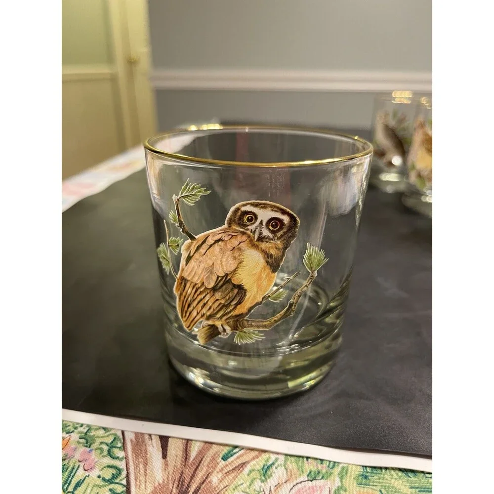 4pc MCM Owl on Branch Gold Rim Tumbler Old Fashion Glasses